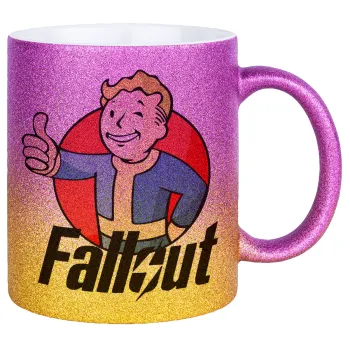 Fallout Vault Boy, Κούπα Χρυσή/Ροζ Glitter, κεραμική, 330ml