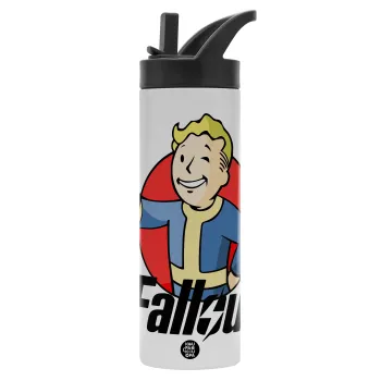 Fallout Vault Boy, Μεταλλικό παγούρι θερμός με καλαμάκι & χειρολαβή, ανοξείδωτο ατσάλι (Stainless steel 304), διπλού τοιχώματος, 600ml