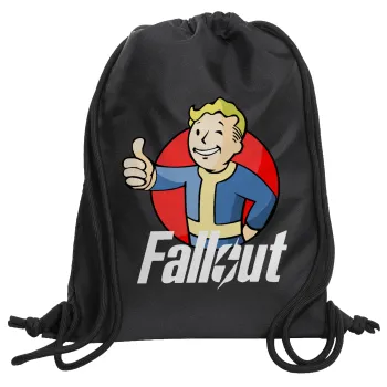 Fallout Vault Boy, Τσάντα πλάτης πουγκί GYMBAG Μαύρη, με τσέπη (40x48cm) & χονδρά κορδόνια