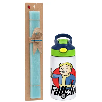 Fallout Vault Boy, Easter Set, Children's thermal stainless steel bottle with safety straw, green/blue (350ml) & aromatic flat Easter candle (30cm) (TURQUOISE)
