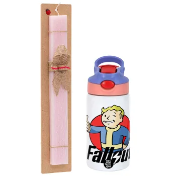 Fallout Vault Boy, Πασχαλινή Λαμπάδα με Παιδικό παγούρι θερμό, ανοξείδωτο, με καλαμάκι ασφαλείας, ροζ/μωβ (350ml) & κερί αρωματικό πλακέ (30cm) (ΡΟΖ)