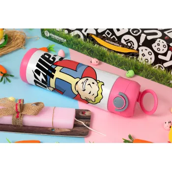 Fallout Vault Boy, Πασχαλινή Λαμπάδα με Παιδικό παγούρι θερμό, ανοξείδωτο, με καλαμάκι ασφαλείας, ΡΟΖ (500ml)