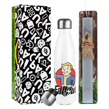 Fallout Vault Boy, Easter candle, metallic white thermos bottle (500ml) & aromatic flat candle (30cm) (GRAY)