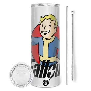 Fallout Vault Boy, Tumbler ποτήρι θερμό από ανοξείδωτο ατσάλι 600ml, με μεταλλικό καλαμάκι & βούρτσα καθαρισμού
