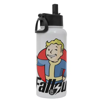 Fallout Vault Boy, Μεταλλικό παγούρι θερμός Λευκό με καλαμάκι και χερούλι (Stainless steel), διπλού τοιχώματος, 950ml