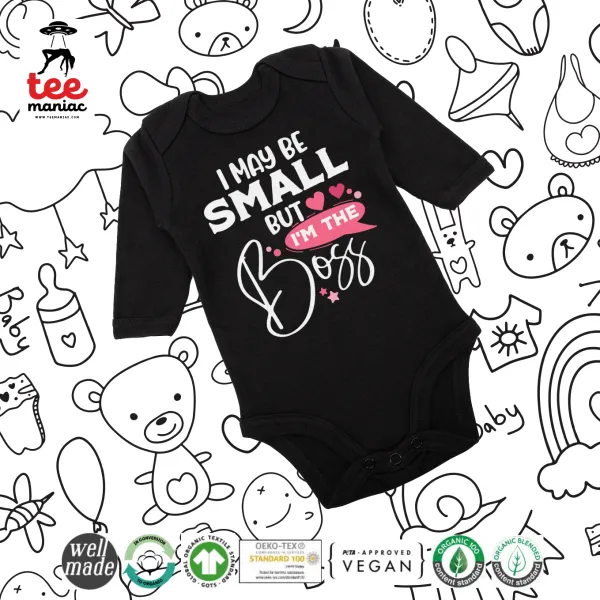 I may be small but I'm the boss — Long-sleeve baby bodysuit, 0-18 months, BLACK, 100% organic cotton
