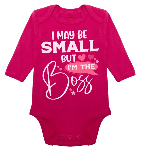 I may be small but I'm the boss — Long-sleeve baby bodysuit, 0-18 months, PINK, 100% organic cotton