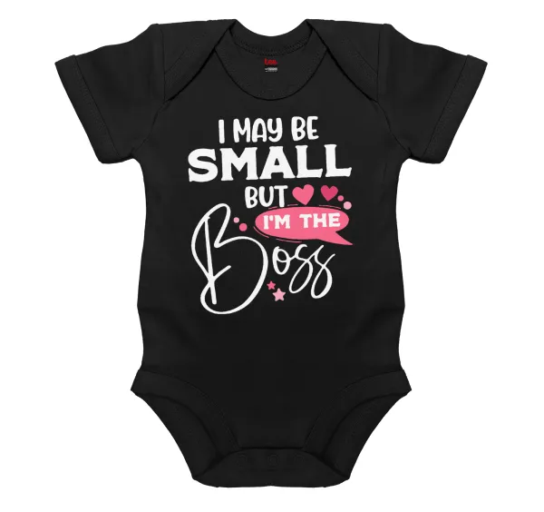 I may be small but I'm the boss — Short-sleeve baby bodysuit, 0-18 months, BLACK, 100% organic cotton