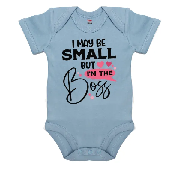 I may be small but I'm the boss — Short-sleeve baby bodysuit, 0-18 months, blue, 100% organic cotton