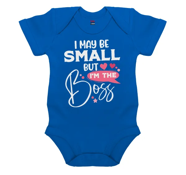 I may be small but I'm the boss — Short-sleeve baby bodysuit, cobalt blue, 100% organic cotton