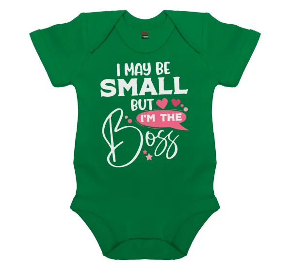 I may be small but I'm the boss — Short-sleeve baby bodysuit, GREEN, 100% organic cotton
