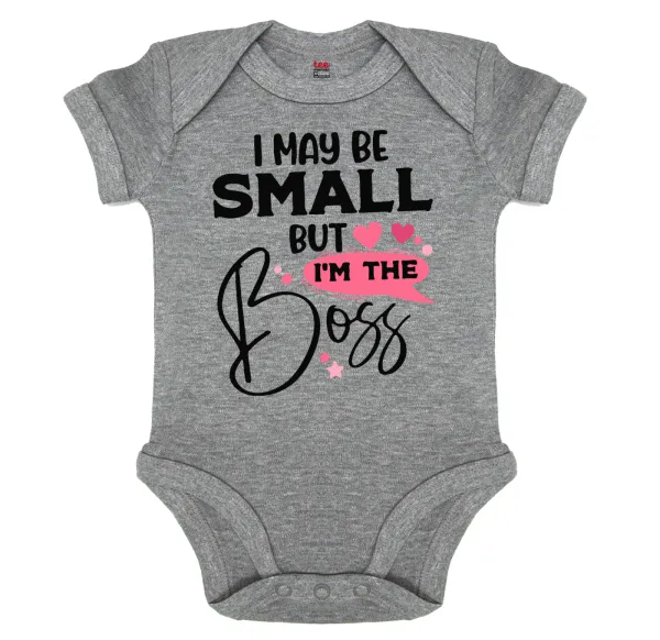 I may be small but I'm the boss — Short-sleeve baby bodysuit, 0-18 months, GREY MELANGE, 100% organic cotton