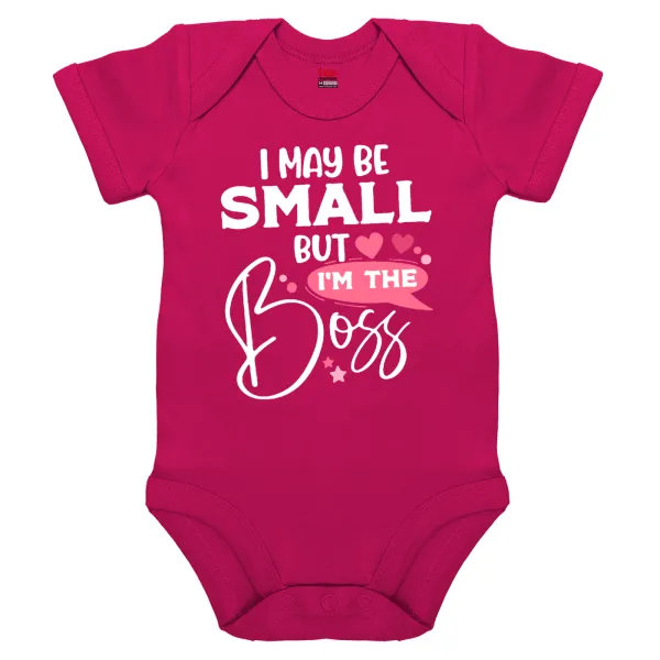 I may be small but I'm the boss — Short-sleeve baby bodysuit, 0-18 months, PINK, 100% organic cotton