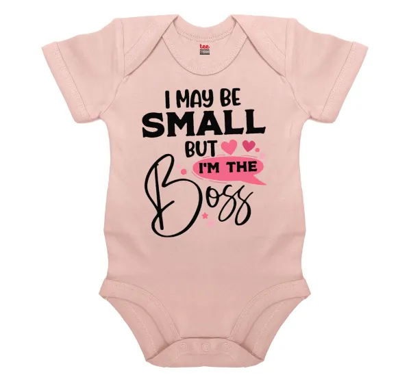 I may be small but I'm the boss — Short-sleeve baby bodysuit, 0-18 months, POWDER PINK, 100% organic cotton