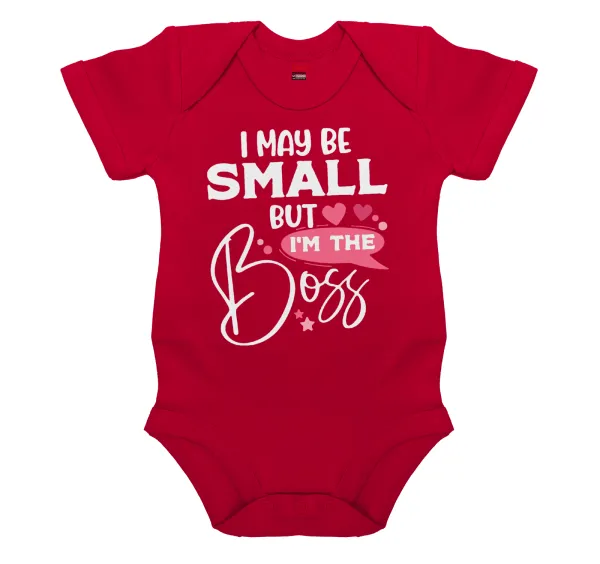 I may be small but I'm the boss — Short-sleeve baby bodysuit, RED, 100% organic cotton