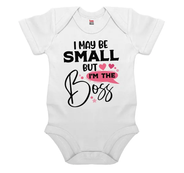 I may be small but I'm the boss — Short-sleeve baby bodysuit, 0-24 months, WHITE, 100% organic cotton