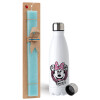 Easter Set, metallic stainless steel water bottle (750ml) & aromatic flat Easter candle (30cm) (TURQUOISE)