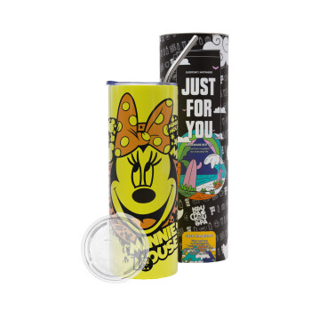 Minnie mouse, Neon Yellow Travel Tumbler, with metal straw (Stainless steel 304 Food grade, BPA free, 600ml)