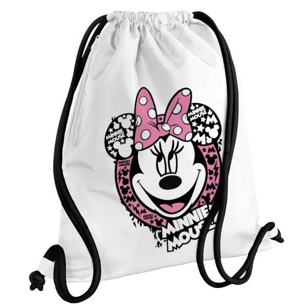 Minnie mouse — Τσάντα πλάτης πουγκί GYMBAG λευκή, με τσέπη (40x48cm) & χονδρά κορδόνια