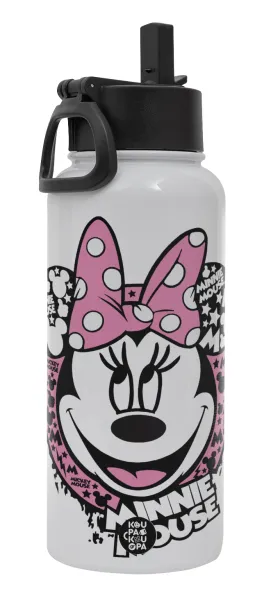 Minnie mouse — Μεταλλικό παγούρι θερμός Λευκό με καλαμάκι και χερούλι (Stainless steel), διπλού τοιχώματος, 950ml