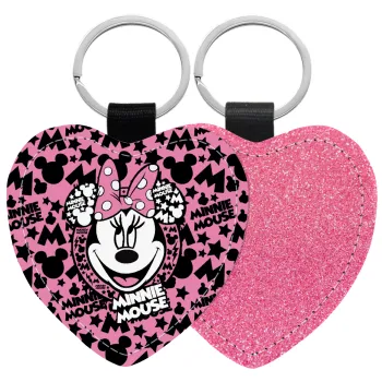Minnie mouse, Μπρελόκ PU δερμάτινο glitter καρδιά ΡΟΖ