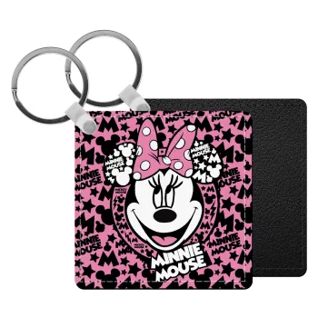 Minnie mouse, Μπρελόκ Δερματίνη, τετράγωνο ΜΑΥΡΟ (5x5cm)