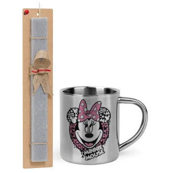 Minnie mouse, Πασχαλινή Λαμπάδα με μεταλλική κούπα θερμό (300ml) & κερί αρωματικό πλακέ (30cm) (ΓΚΡΙ)