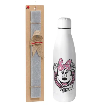 Minnie mouse, Easter Set, metallic stainless thermos bottle (500ml) & scented flat Easter candle (30cm) (GRAY)