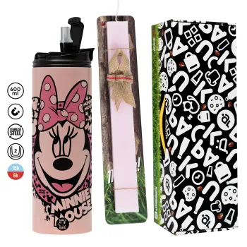 Minnie mouse, Πασχαλινή Λαμπάδα με  ΡΟΖ Travel Tumbler θερμό (600ml, BPA free) & κερί αρωματικό πλακέ (30cm) (ΡΟΖ)