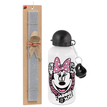 Minnie mouse, Πασχαλινή Λαμπάδα με παγούρι μεταλλικό  αλουμινίου (500ml) & κερί αρωματικό πλακέ (30cm) (ΓΚΡΙ)