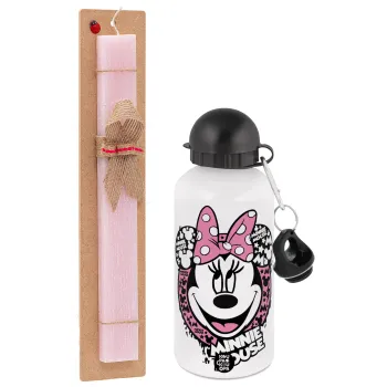 Minnie mouse, Πασχαλινή Λαμπάδα με παγούρι μεταλλικό αλουμινίου (500ml) & κερί αρωματικό πλακέ (30cm) (ΡΟΖ)