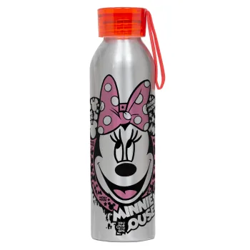 Minnie mouse, Αλουμινένιο Αθλητικό Μπουκάλι 650ml – Ασημί με Κόκκινο Καπάκι και Λουράκι Σιλικόνης