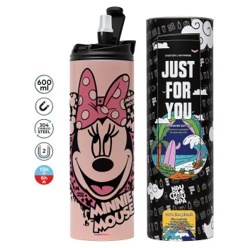 Minnie mouse, Tumbler ποτήρι θερμό ΡΟΖ από ανοξείδωτο ατσάλι 600ml