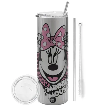 Minnie mouse, Tumbler ποτήρι θερμό Ασημένιο από ανοξείδωτο ατσάλι 600ml, με μεταλλικό καλαμάκι & βούρτσα καθαρισμού