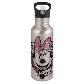 Minnie mouse, Water bottle Silver with straw, stainless steel 600ml