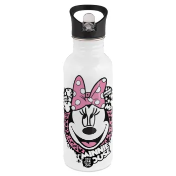 Minnie mouse, Παγούρι νερού Λευκό με καλαμάκι, ανοξείδωτο ατσάλι 600ml