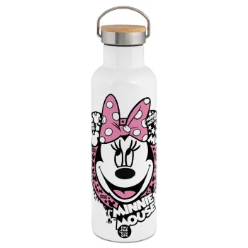 Minnie mouse, Μεταλλικό παγούρι θερμός (Stainless steel) Λευκό με ξύλινο καπάκι (bamboo), διπλού τοιχώματος, 750ml