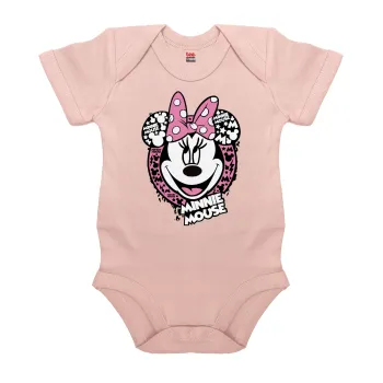 Minnie mouse, Βρεφικό φορμάκι μωρού, 0-18 μηνών, ΡΟΖ POWDER, 100% Organic Cotton, κοντομάνικο