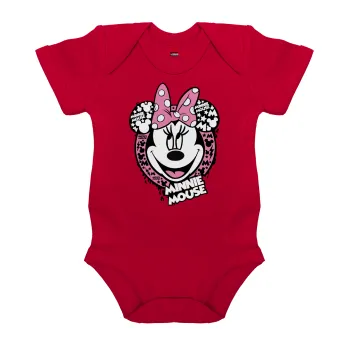Minnie mouse, Βρεφικό φορμάκι μωρού, ΚΟΚΚΙΝΟ, 100% Organic Cotton, κοντομάνικο