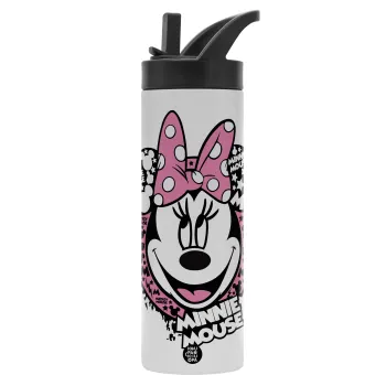 Minnie mouse, Metallic thermos bottle with straw & handle, stainless steel (Stainless steel 304), double-walled, 600ml.