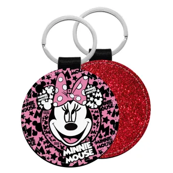 Minnie mouse, Μπρελόκ Δερματίνη, στρογγυλό ΚΟΚΚΙΝΟ (5cm)