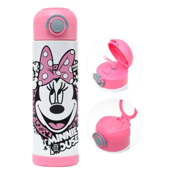 Minnie mouse, Children's hot water bottle, stainless steel, with safety straw, PINK (500ml)