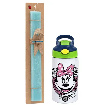 Minnie mouse, Easter Set, Children's thermal stainless steel bottle with safety straw, green/blue (350ml) & aromatic flat Easter candle (30cm) (TURQUOISE)