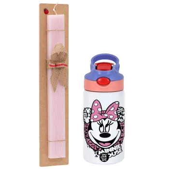 Minnie mouse, Πασχαλινή Λαμπάδα με Παιδικό παγούρι θερμό, ανοξείδωτο, με καλαμάκι ασφαλείας, ροζ/μωβ (350ml) & κερί αρωματικό πλακέ (30cm) (ΡΟΖ)