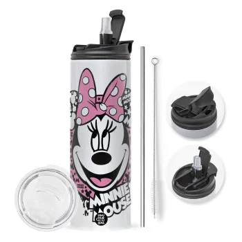 Minnie mouse, Travel Tumbler θερμό με διπλό καπάκι, μεταλλικό καλαμάκι και βούρτσα καθαρισμού (Ανωξείδωτο 304 Food grade, BPA free, 600ml)