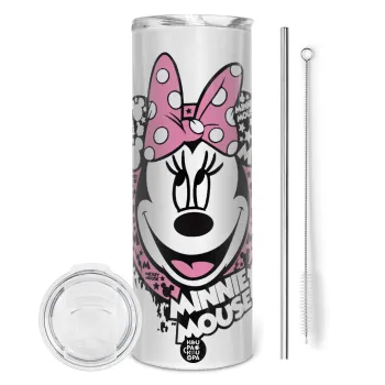 Minnie mouse, Tumbler ποτήρι θερμό από ανοξείδωτο ατσάλι 600ml, με μεταλλικό καλαμάκι & βούρτσα καθαρισμού