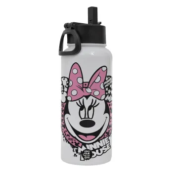 Minnie mouse, Metal mug thermo White with Straw and Spout Lid (Stainless steel), double wall, 950ml