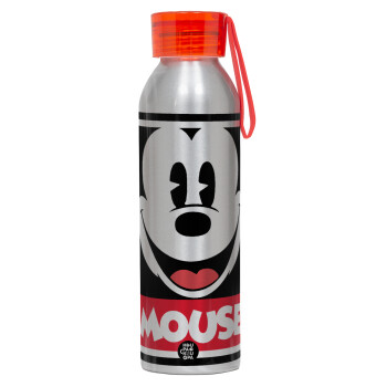 Μίκυ Μάους, Αλουμινένιο Αθλητικό Μπουκάλι 650ml – Ασημί με Κόκκινο Καπάκι και Λουράκι Σιλικόνης