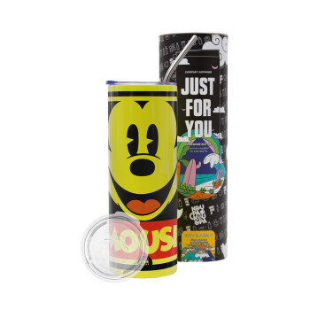 Mickey Mouse, Neon Yellow Travel Tumbler, with metal straw (Stainless steel 304 Food grade, BPA free, 600ml)