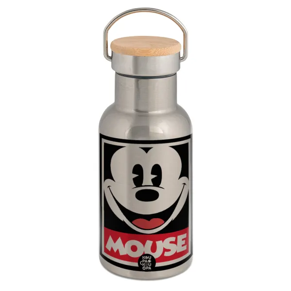 Mickey Mouse — Stainless steel metallic thermos flask, silver with a bamboo lid, double-walled, 350ml.